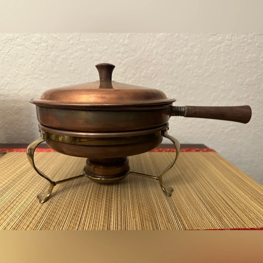 Copper & Brass Chafing Dish Wood Handle Made in Pescia Italy